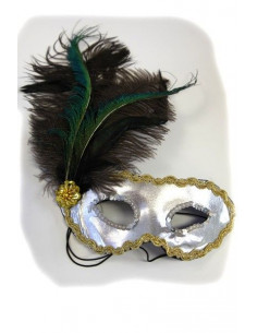 Antifaz plateado con pluma negra