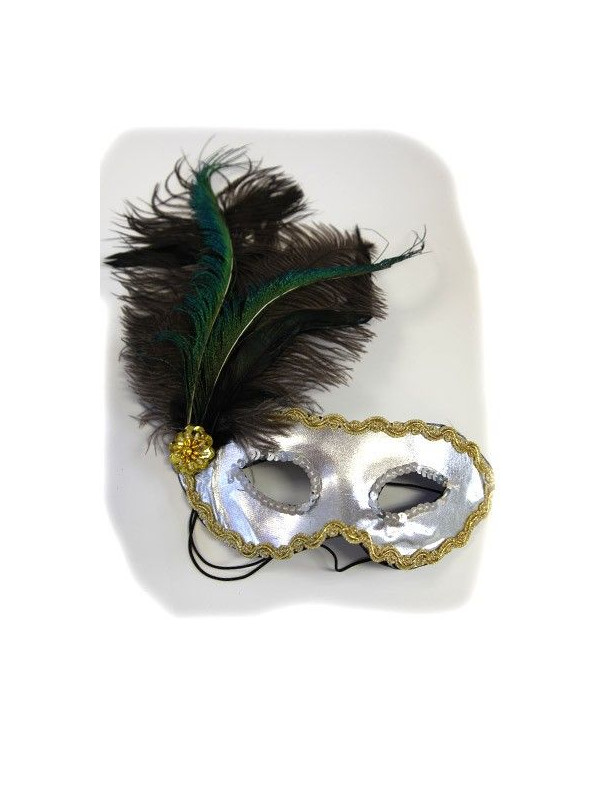 Antifaz plateado con pluma negra