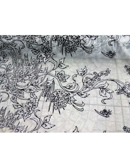 Tejido tul con flores glitter