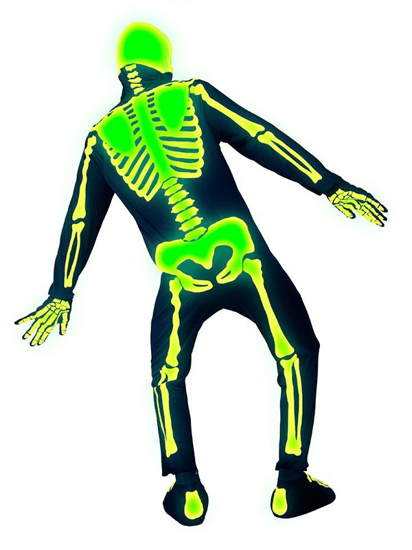 Disfraz de esqueleto que brilla para adulto trasera brillante