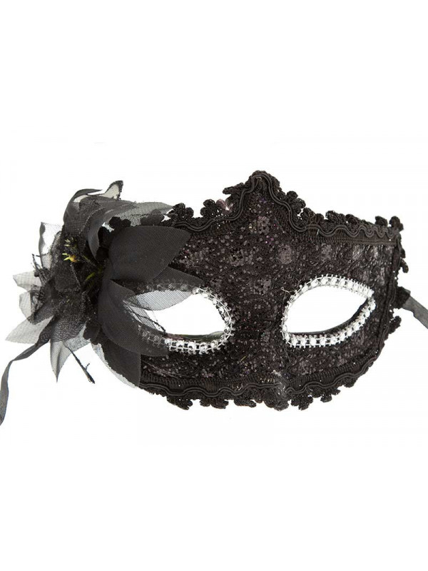 Antifaz puntilla con flor negro