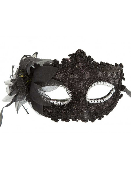 Antifaz puntilla con flor negro