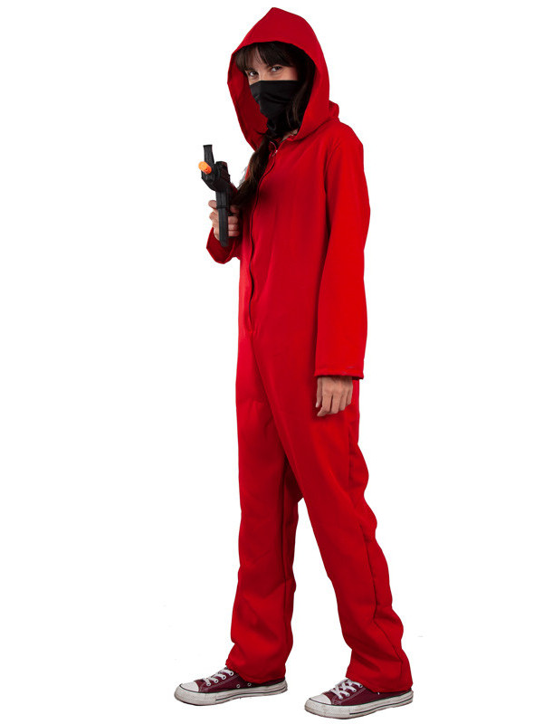 Mono rojo con capucha adulto chica lateral