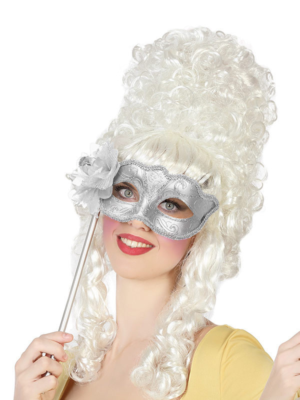 Antifaz con bastón metalizado plata