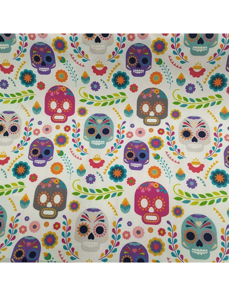 Tela Catrinas de colores blanca