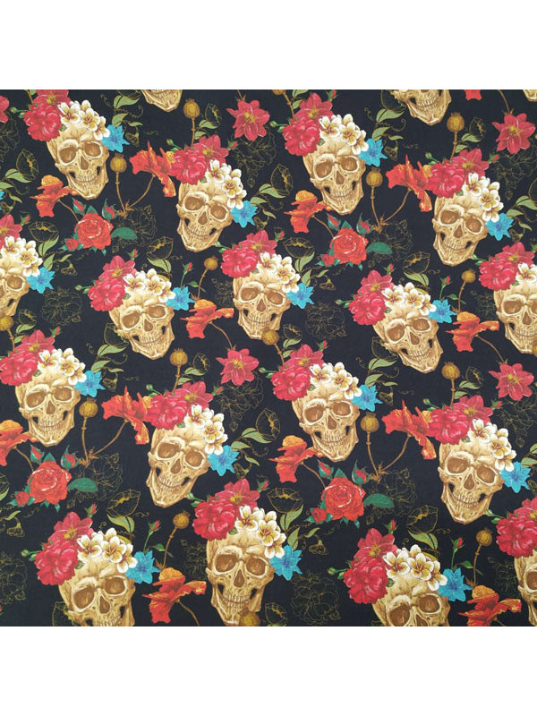 Tela calaveras y floral rojo