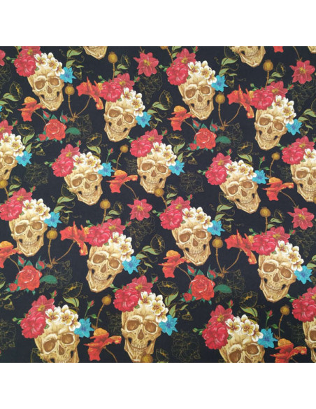 Tela calaveras y floral rojo