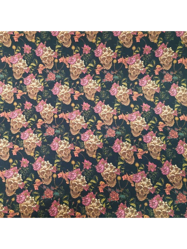 Tela calaveras y floral rosa