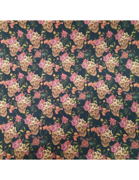 Tela calaveras y floral rosa