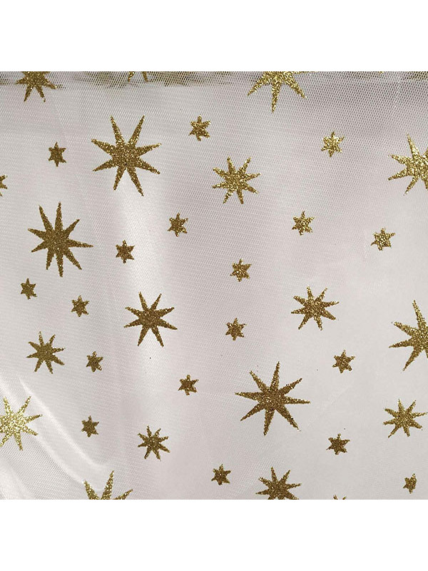 Tejido de Tul Estrellas oro blanco