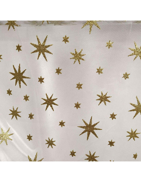 Tejido de Tul Estrellas oro blanco