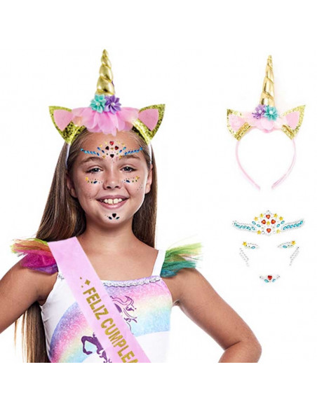 Diadema unicornio con joyas faciales infantil