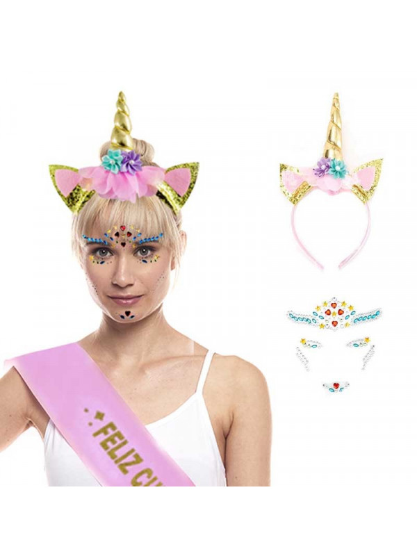 Diadema unicornio con joyas faciales mujer
