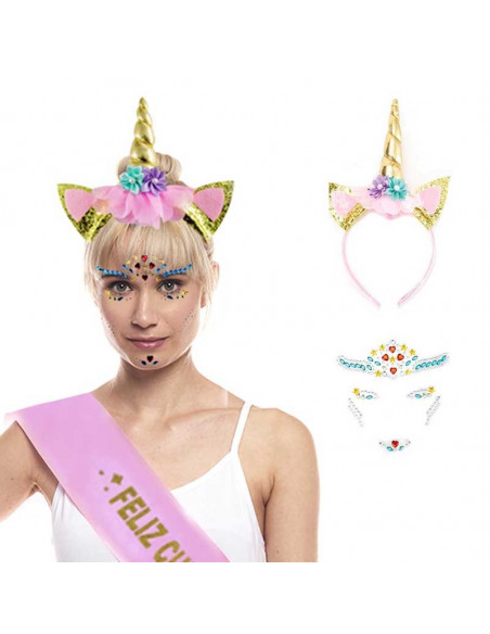 Diadema unicornio con joyas faciales mujer