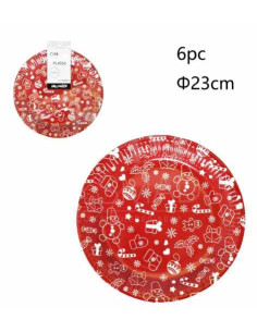 Plato navideño rojo. Pack de 6 platos de cartón de 23cm de diámetro.