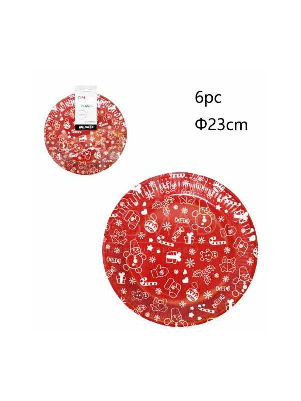 Plato navideño rojo. Pack de 6 platos de cartón de 23cm de diámetro.
